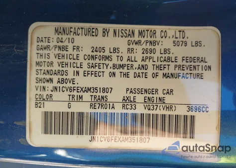 2010 Infiniti G37 из США, поврежденный, VIN JN1CV6FEXAM351807